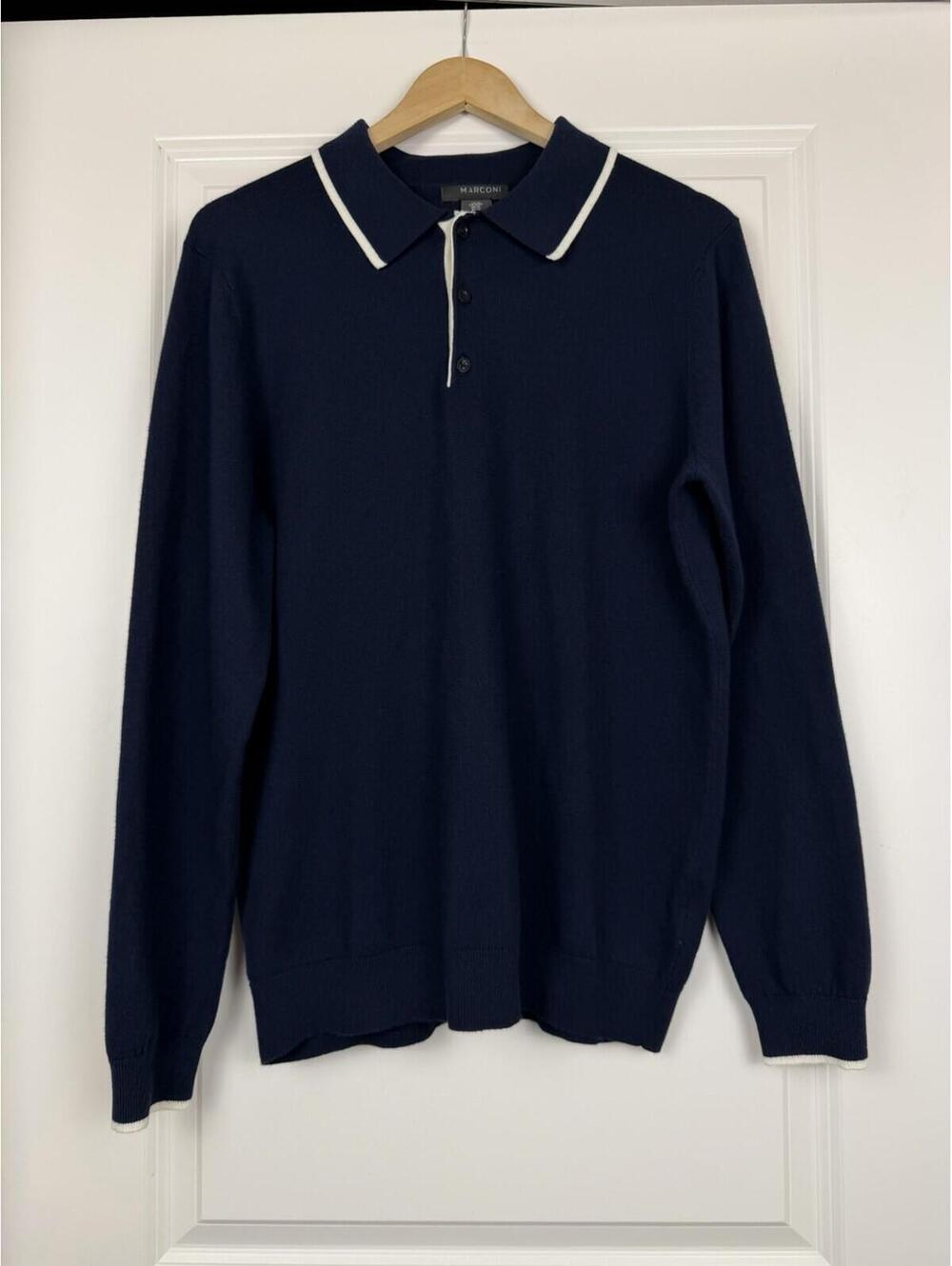 Marconi Navy Blue Long Sleeve Knit Polo Sweater Size M Ultra Soft Old Money